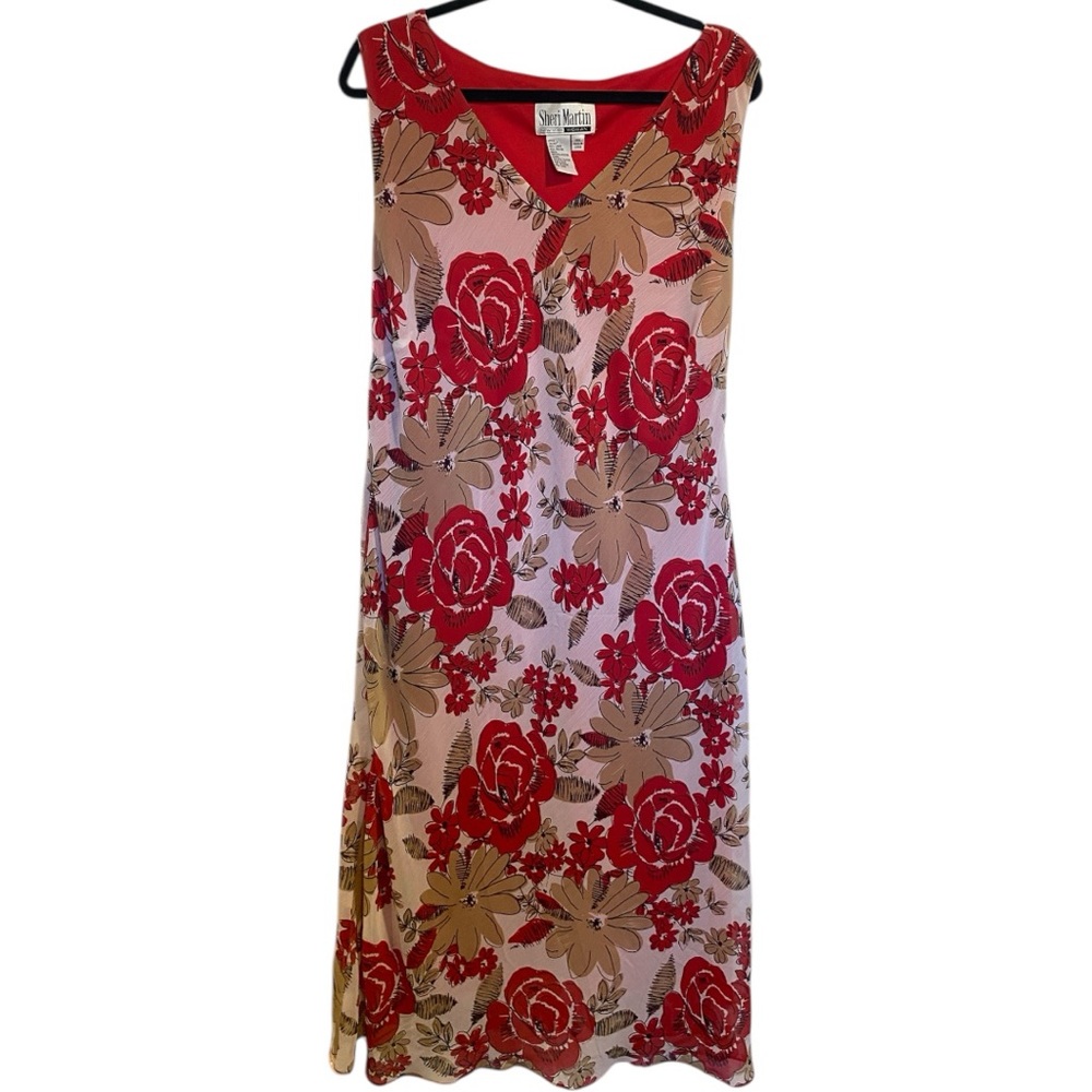Sheri Martin Red and Tan Floral V-Neck Sleeveless Dress